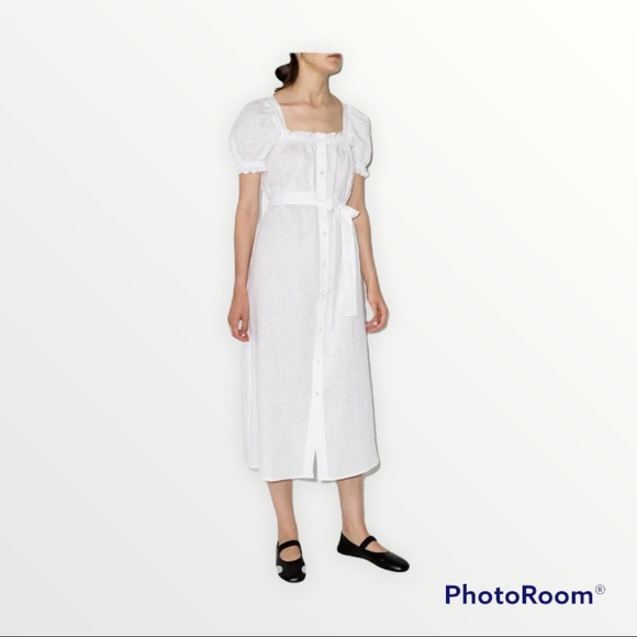 Magaschoni | Dresses | Nwt Magaschoni White 0 Linen Button Down Puff Sleeve  Midi Dress Size Small | Poshmark